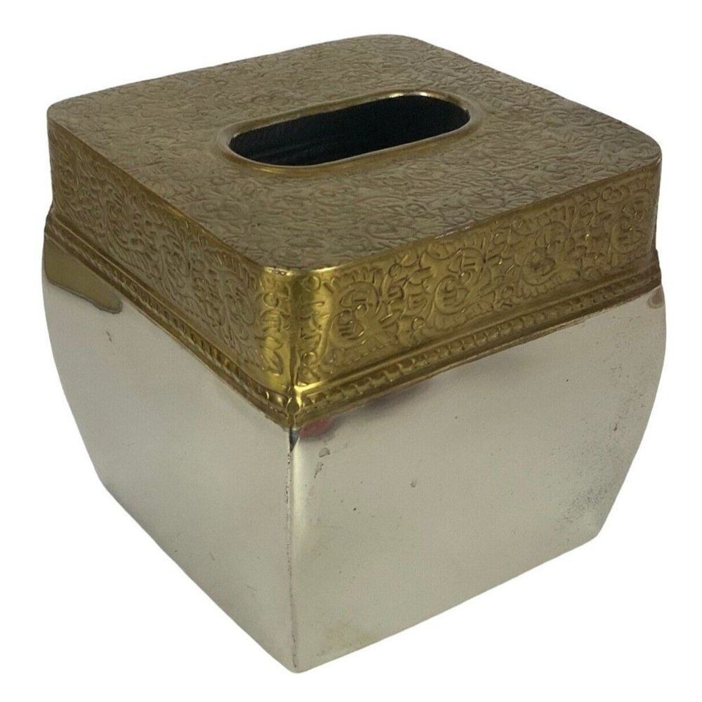 Veratex Tissue Box Cover Square Embossed Brass Chrome Shiny Boho Bathroom Decor